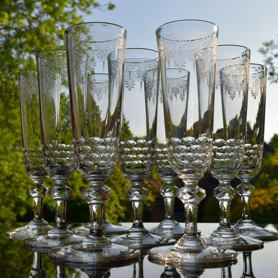 9 Baccarat Crystal Champagne Glasses Etched Belle Epoque