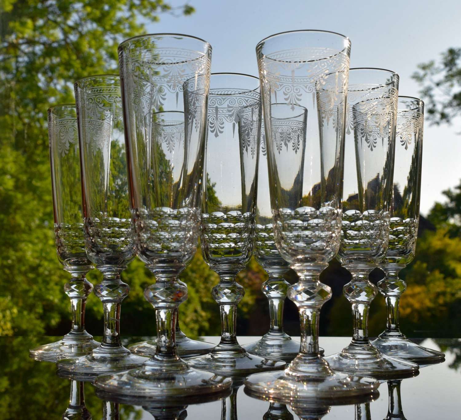 9 Baccarat Crystal Champagne Glasses Etched Belle Epoque
