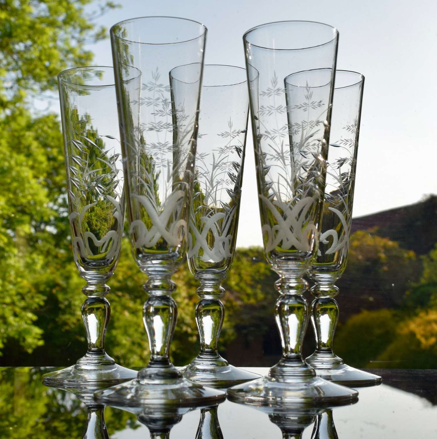 5 Baccarat Crystal Etched Champagne Flutes Art Nouveau