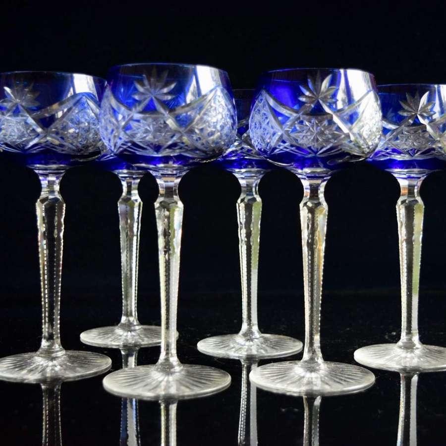 6 Val Saint Lambert Blue Hock Glasses 1905-10