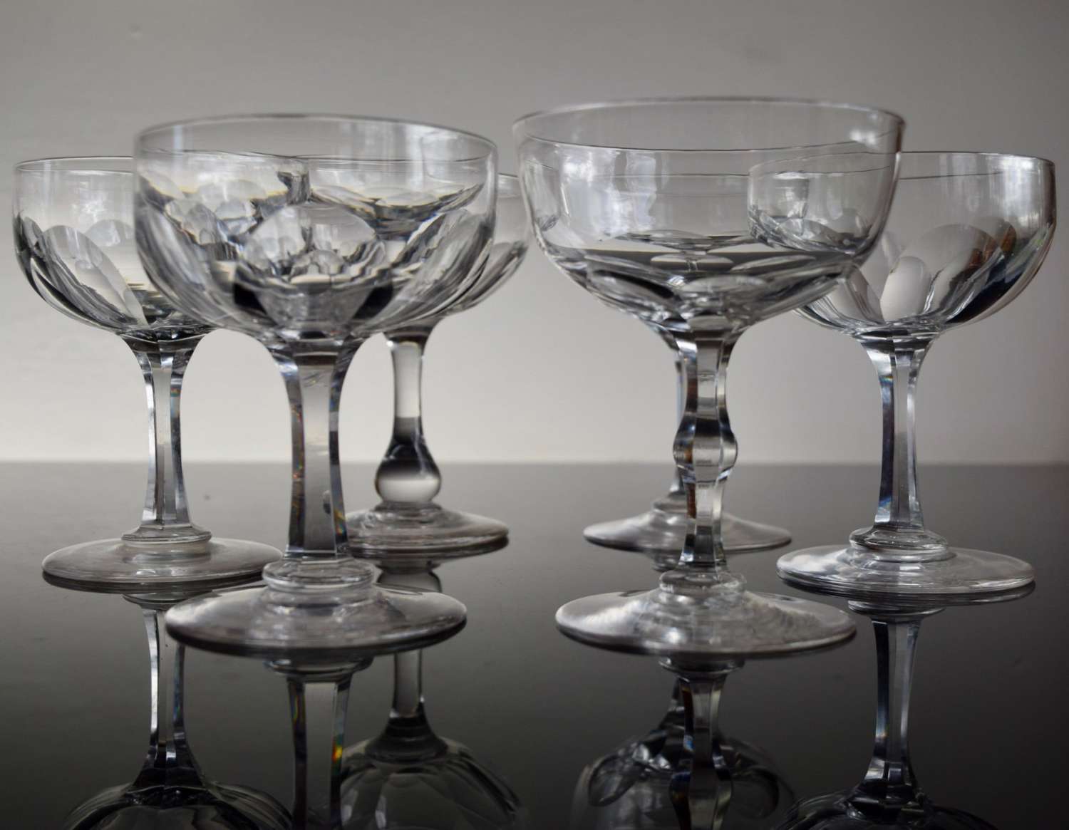 6 Victorian Champagne Glasses Mixed Set Classical Cut