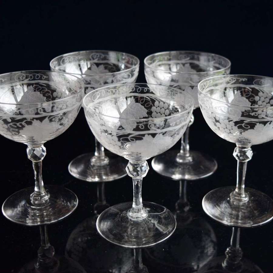 5 Grapevine Etched Champagne Glasses C 1920