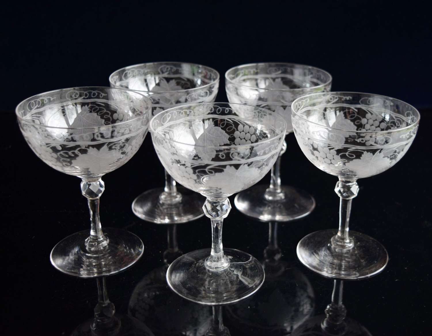 5 Grapevine Etched Champagne Glasses C 1920