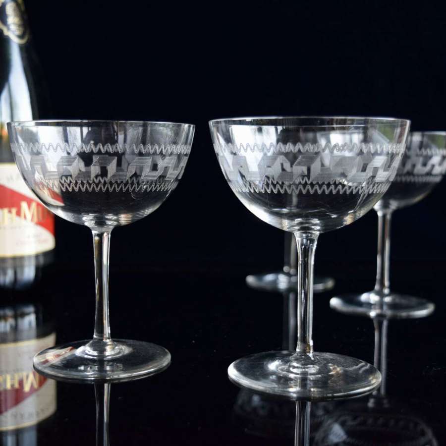 4 Edwardian Champagne Glasses Greek Key etching