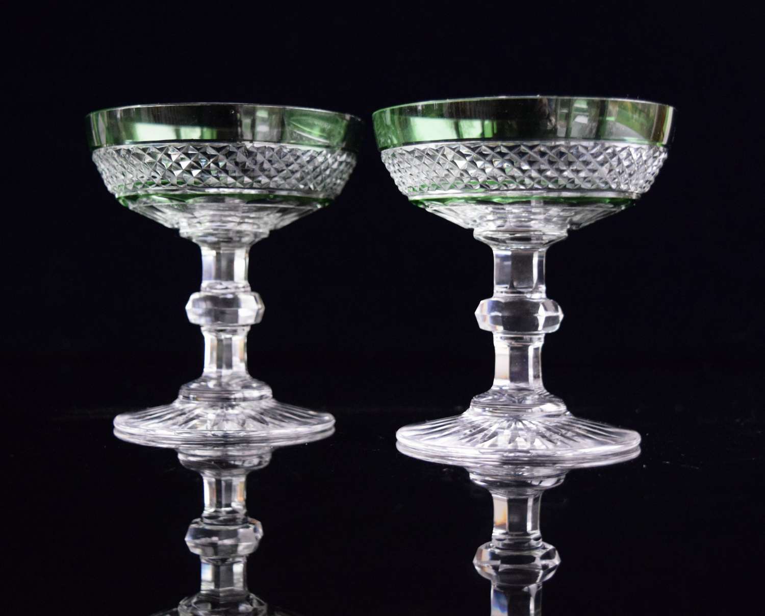 Pair of St Louis Crystal Green Trianon Champagne Glasses