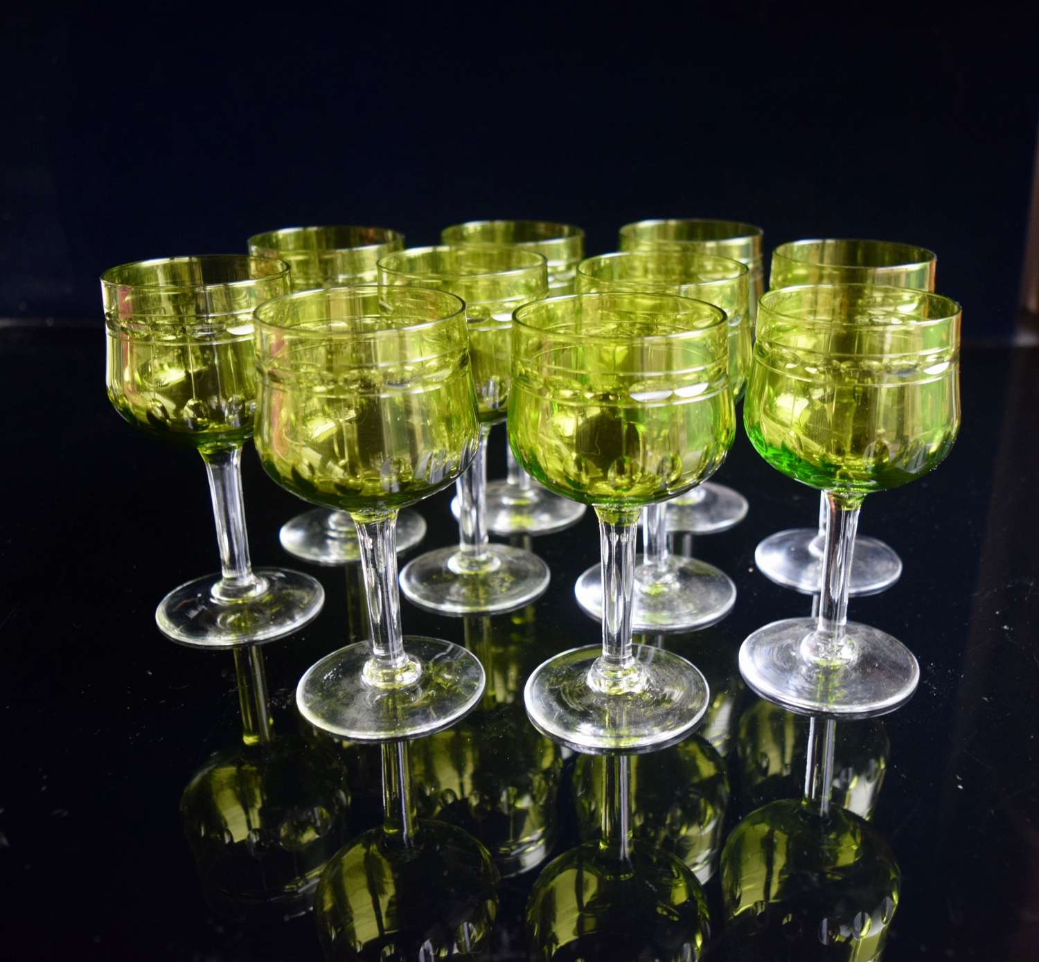 10 Val Saint Lambert Green Wine Glasses c 1930s