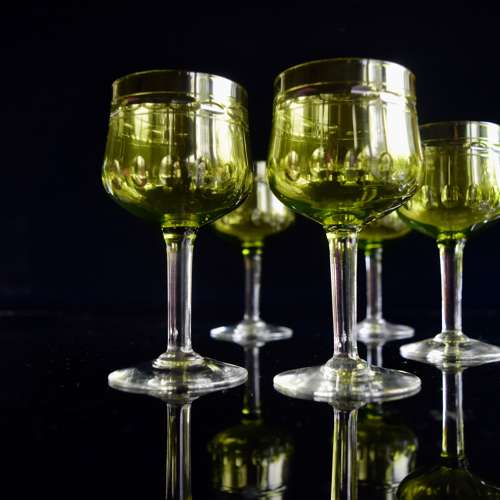 10 Val Saint Lambert Green Wine Glasses c 1930s