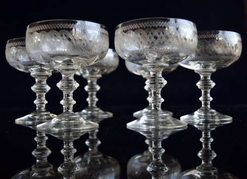 6 Val Saint Lambert etched Champagne Glasses Belle Epoque
