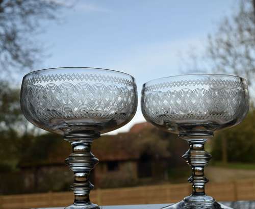 6 Val Saint Lambert etched Champagne Glasses Belle Epoque