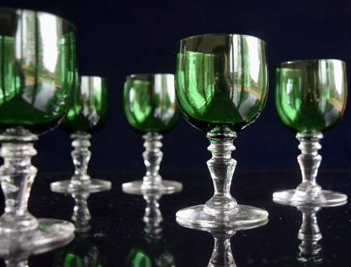 6 Baccarat Crystal Geranium Wine Glasses in Green c1920s