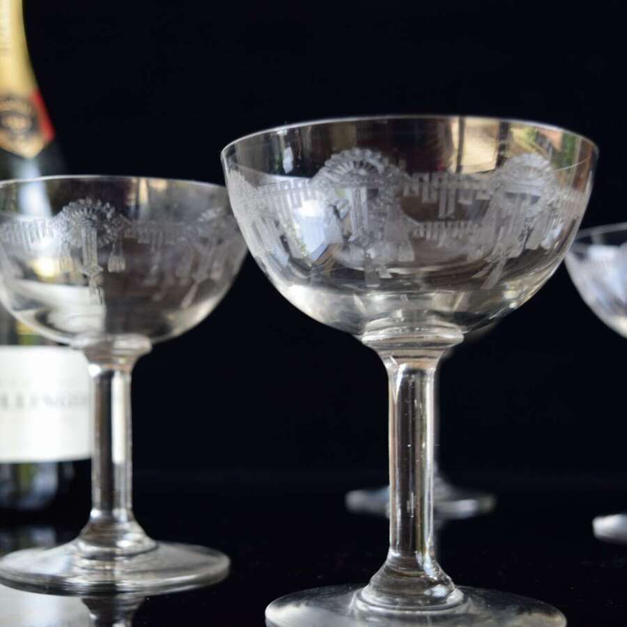 4 French etched Champagne Coupes c1910