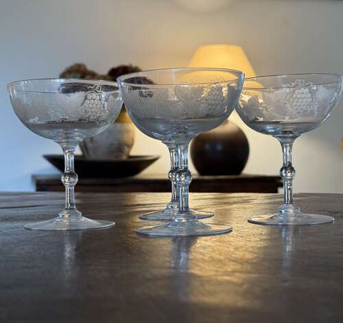 4 Edwardian Champagne Glasses etched Grape & Vine