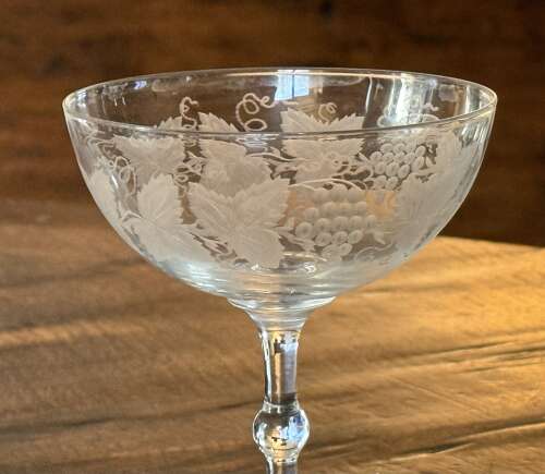 4 Edwardian Champagne Glasses etched Grape & Vine