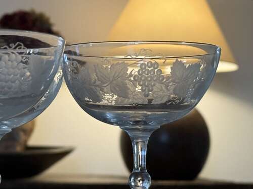 4 Edwardian Champagne Glasses etched Grape & Vine