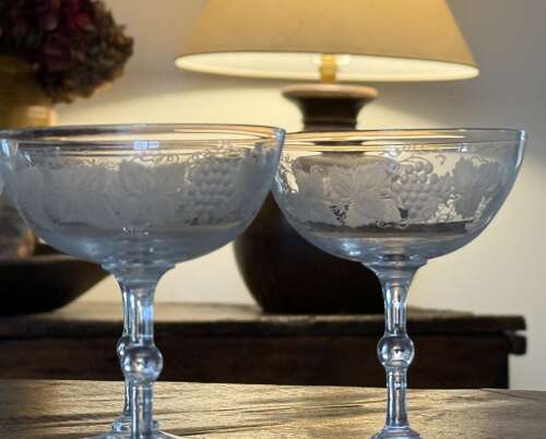 4 Edwardian Champagne Glasses etched Grape & Vine