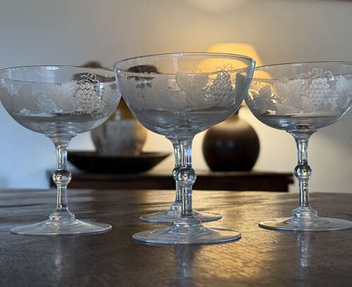 4 Edwardian Champagne Glasses etched Grape & Vine