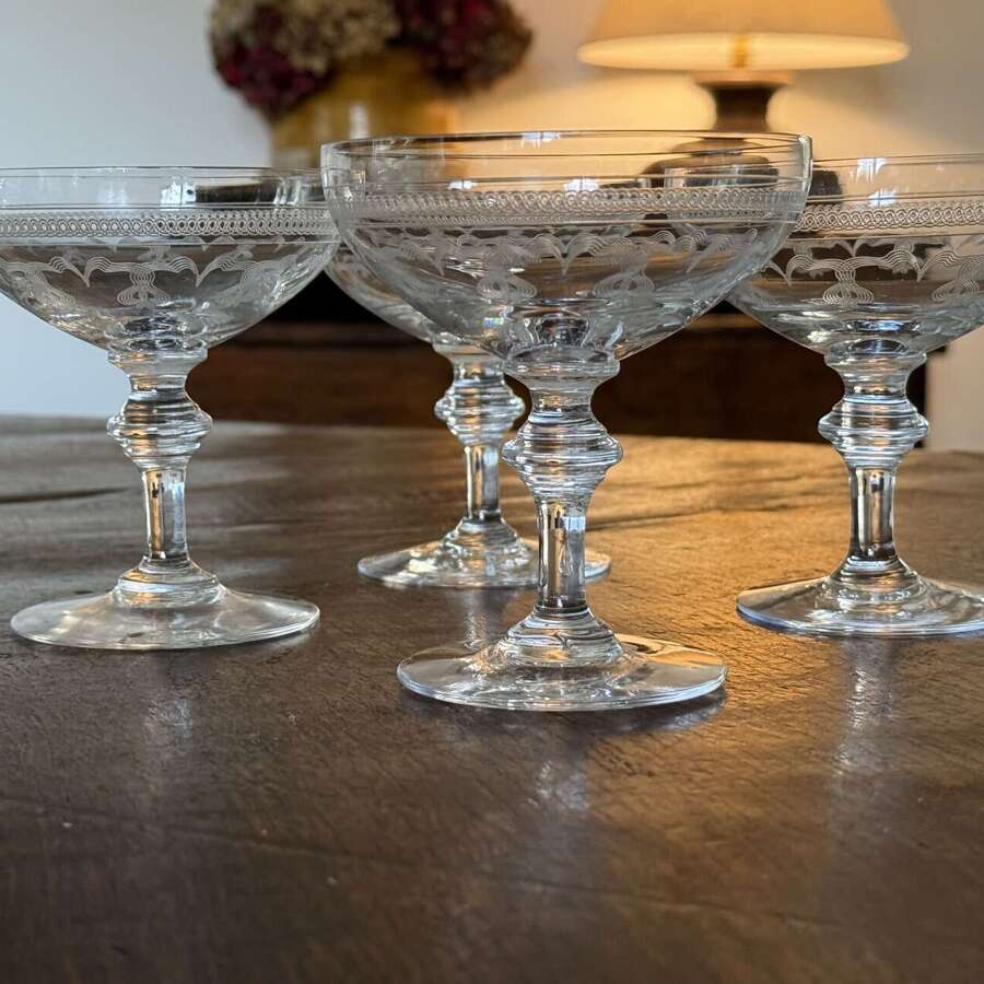4 Baccarat etched Champagne Glasses c1920