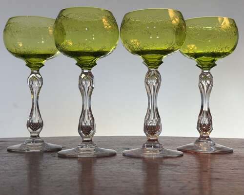4 St Louis Crystal Green and etched Hock Glasses c 1920