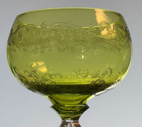 4 St Louis Crystal Green and etched Hock Glasses c 1920