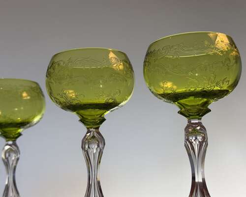4 St Louis Crystal Green and etched Hock Glasses c 1920
