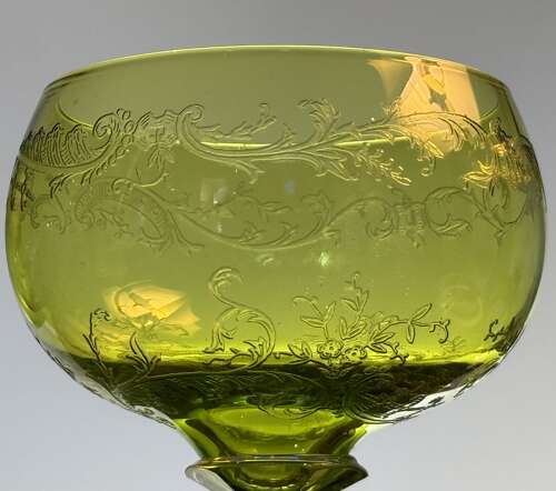4 St Louis Crystal Green and etched Hock Glasses c 1920