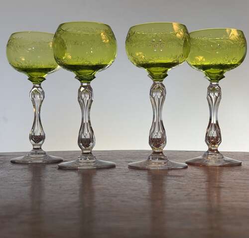4 St Louis Crystal Green and etched Hock Glasses c 1920