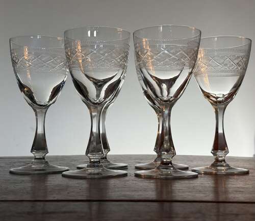 6 Large Val Saint Lambert Wine Glasses c1935