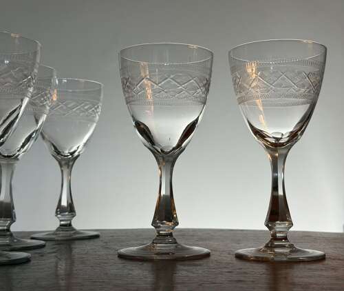 6 Large Val Saint Lambert Wine Glasses c1935
