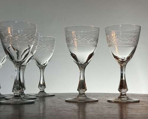 6 Large Val Saint Lambert Wine Glasses c1935