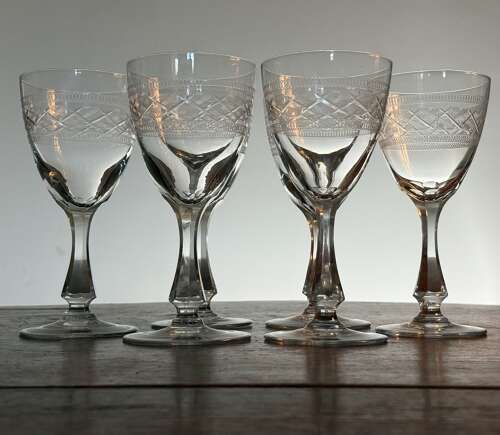 6 Large Val Saint Lambert Wine Glasses c1935